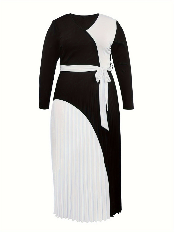 Plus Size Casual Dress, Women's Plus Colorblock Long Sleeve Surplice Neck Pleated Maxi Dress With Belt