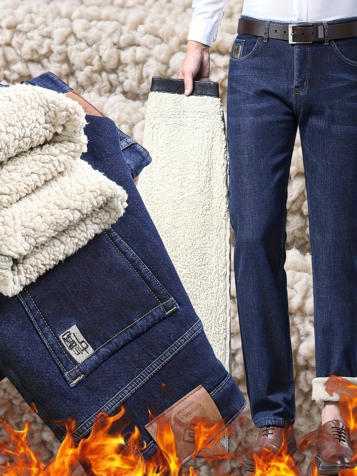 Men's Casual Warm Thick Jeans, Classic Design Stretch Straight Leg Jeans For Business