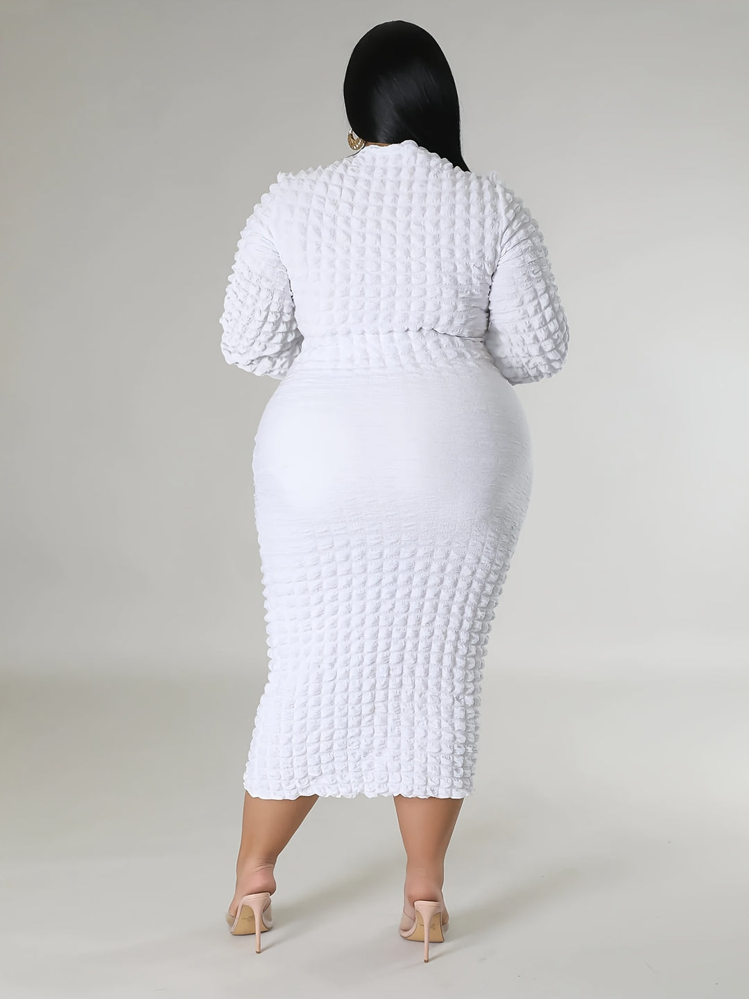 Plus Size Casual Dress, Women's Plus Solid Crinkle Long Sleeve High Neck Slim Fit Midi Dress