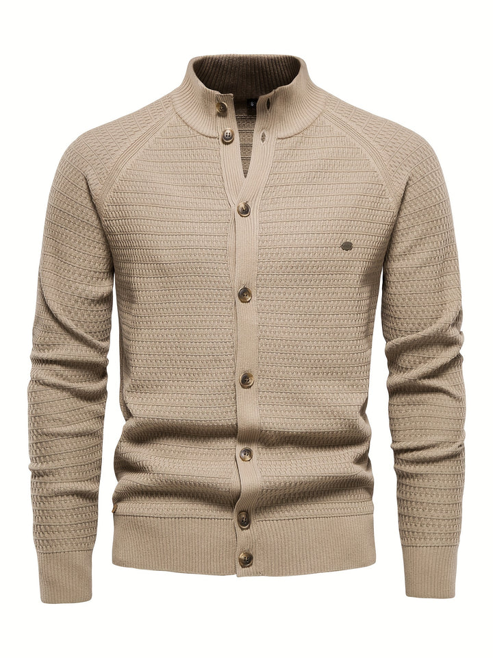Men's Classic Design Knitted Cardigan Cotton Blend Button Mock Neck Sweater