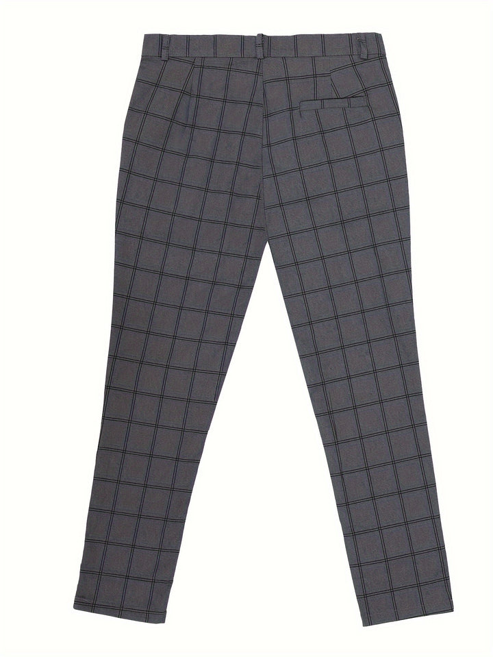 Slim Fit Plaid Slacks, Men's Casual Vintage Style Slightly Stretch Dress Pants For Business Banquet