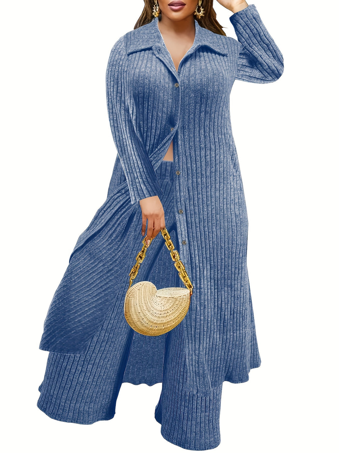 Plus Size Casual Outfits Two Piece Set, Women's Plus Solid Ribbed Button Up Long Sleeve Polo Neck Long Blouse & Wide Leg Pants Outfits 2 Piece Set