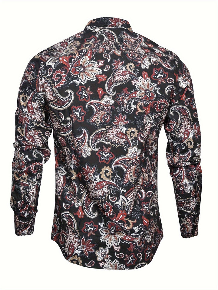 Stylish Paisley Pattern Men's Long Sleeve Button Up Shirt For Spring Fall, Men's Banquet Dress, Gift For Men