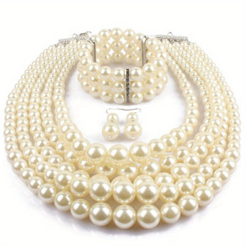 Women's Multilayer Exaggerated ABS Pearl Handmade Beaded Necklace Bracelet Earrings Jewelry Set