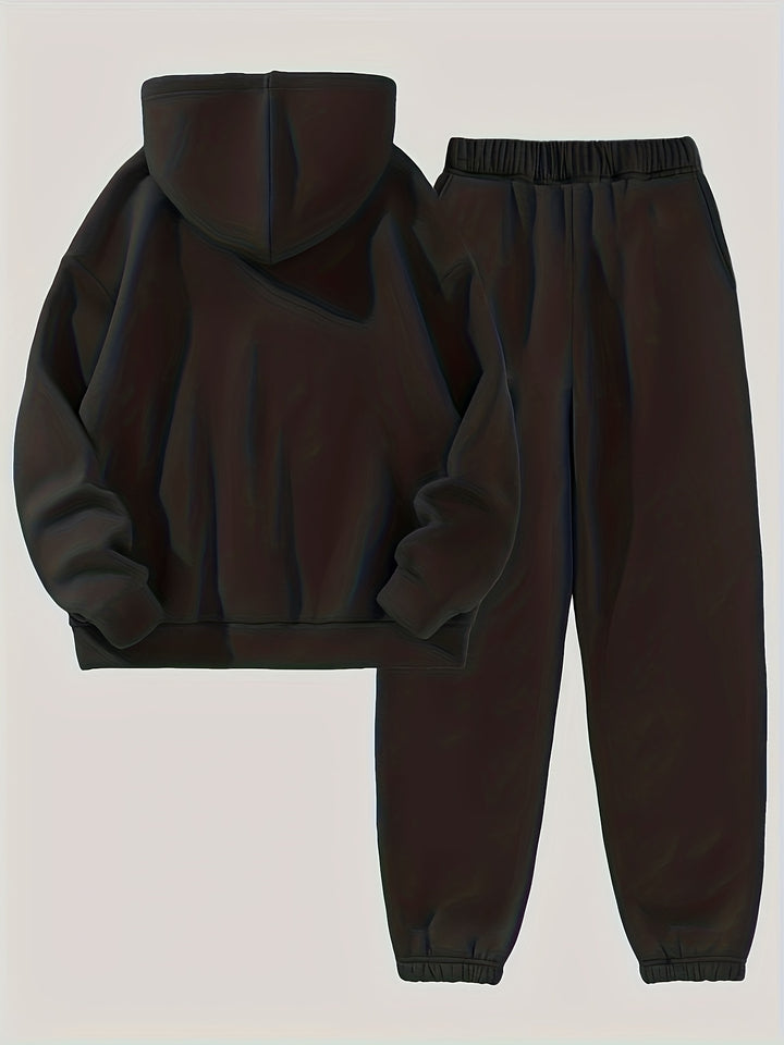 Solid Casual Two-piece Set, Drawstring Long Sleeve Hoodies & Workout Jogger Pants Outfits, Women's Clothing