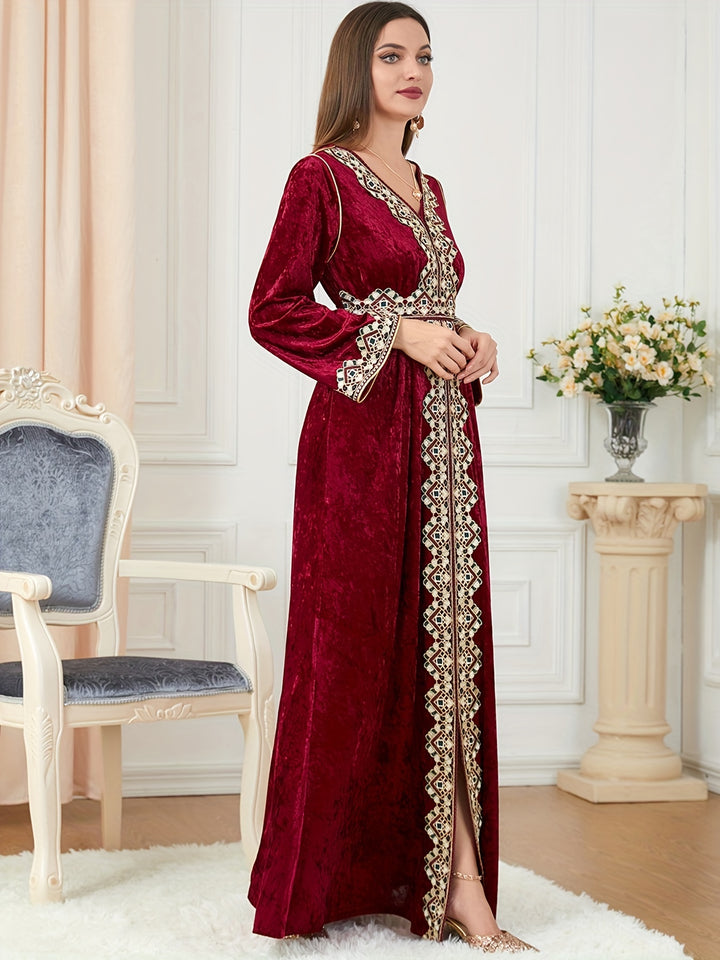 Contrast Trim V-neck Kaftan Dress, Elegant Long Sleeve Tie-waist Maxi Length Dress, Women's Clothing