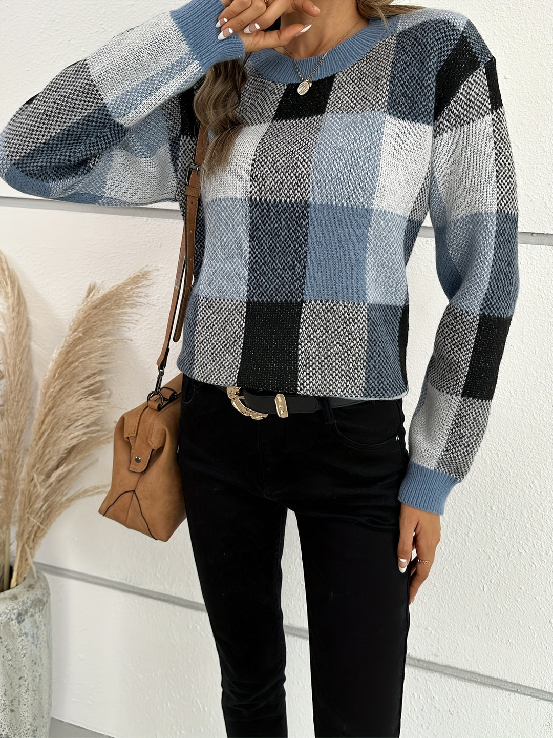 Plaid Pattern Crew Neck Pullover Sweater, Casual Long Sleeve Sweater For Fall & Winter, Women's Clothing