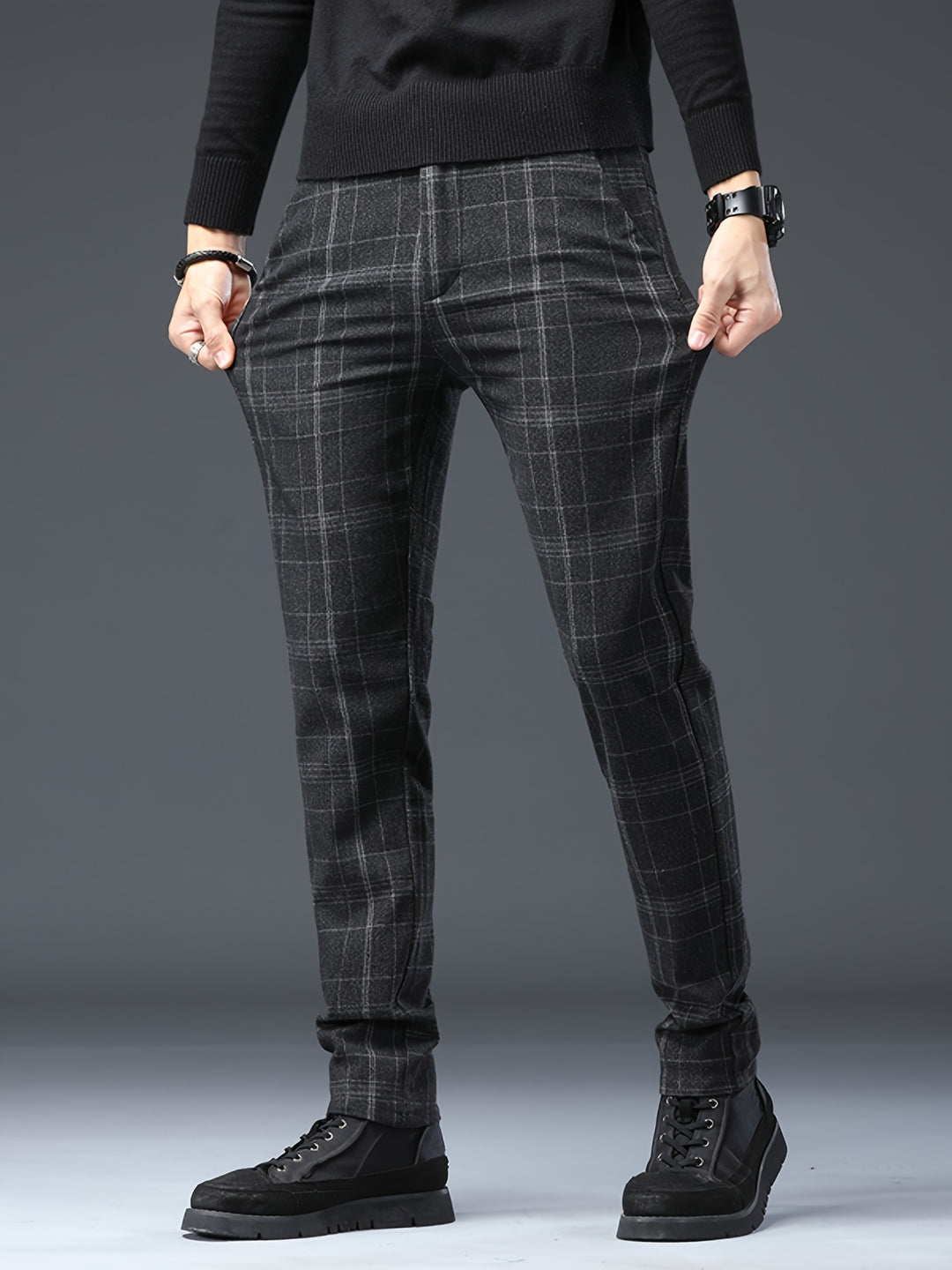 Men's Casual Retro Plaid Slim Fit Trousers For Fall Winter Leisure Activities