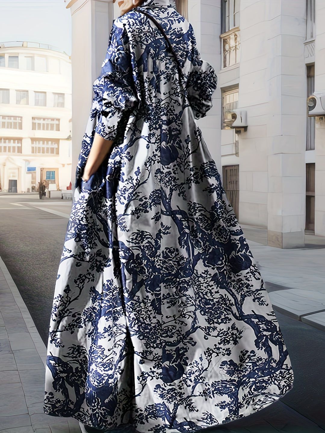 Vintage Graphic Print V-neck Dress, Elegant Long Sleeve Maxi Dress For Spring & Fall, Women's Clothing