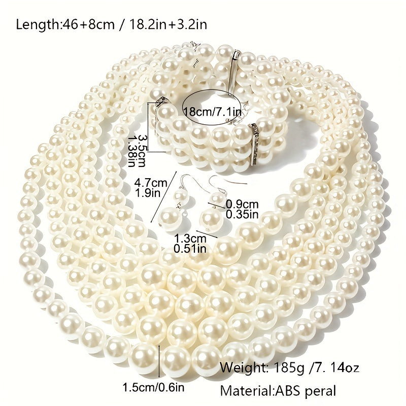 Women's Multilayer Exaggerated ABS Pearl Handmade Beaded Necklace Bracelet Earrings Jewelry Set