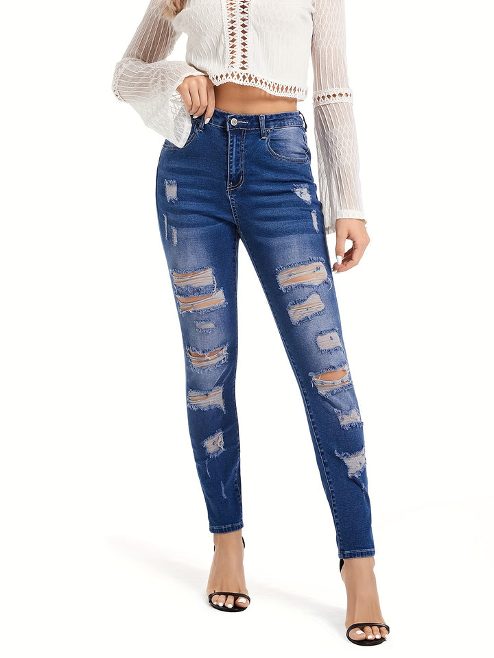 High Stretch Ripped Legs Skinny Jeans, Frayed Distressed Light Blue Denim Pants, Women's Denim & Clothing