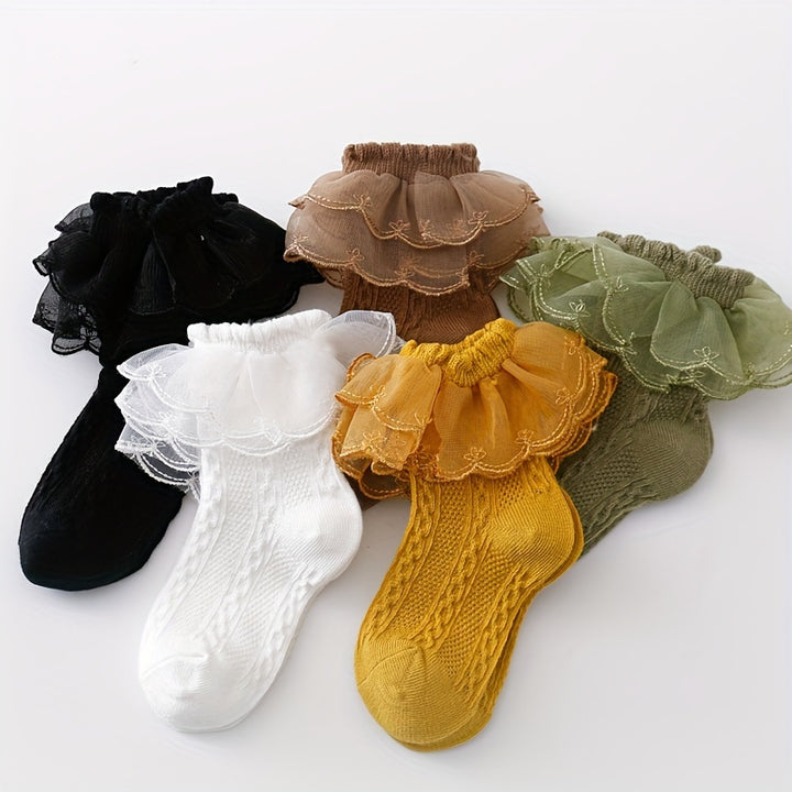 5pairs Girls Kids Lace Ruffled Cute Princess Socks, Fashion Versatile Socks, Breathable Comfy Socks, Children's Socks