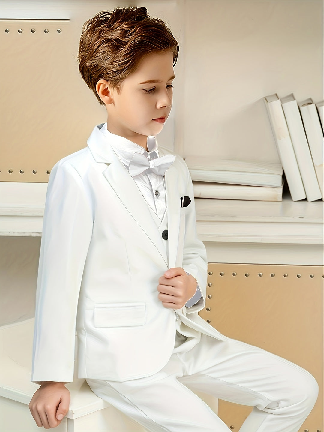 5pcs Boys Formal Gentleman Outfits Long Sleeve White Blazer&Bowtie&Shirt&Pants&Vest, Kids Clothing Set For Competition Performance Wedding Banquet Dress