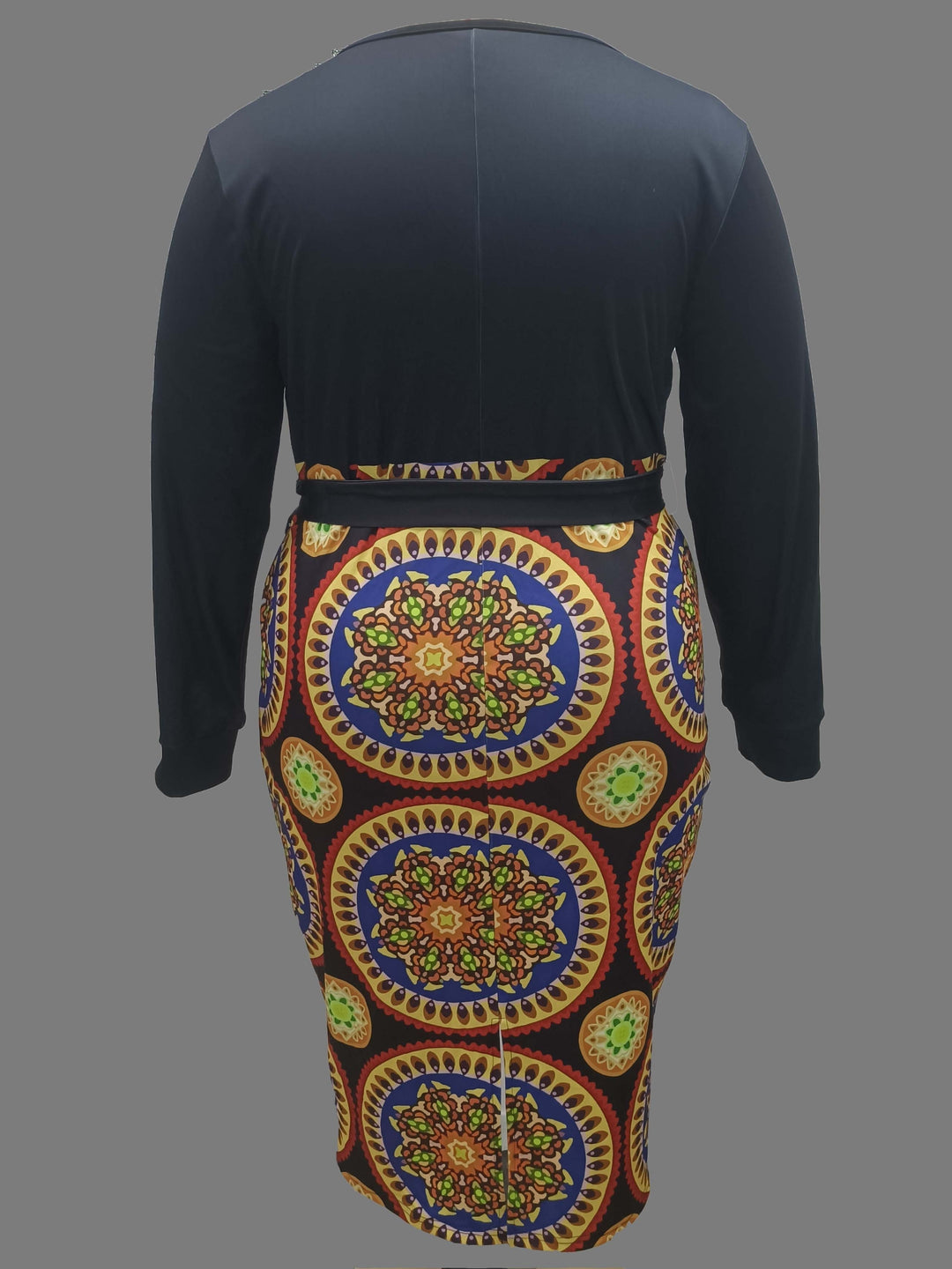Stylish Plus Size Boho Dress with Colorblock Mandala Print and Belt