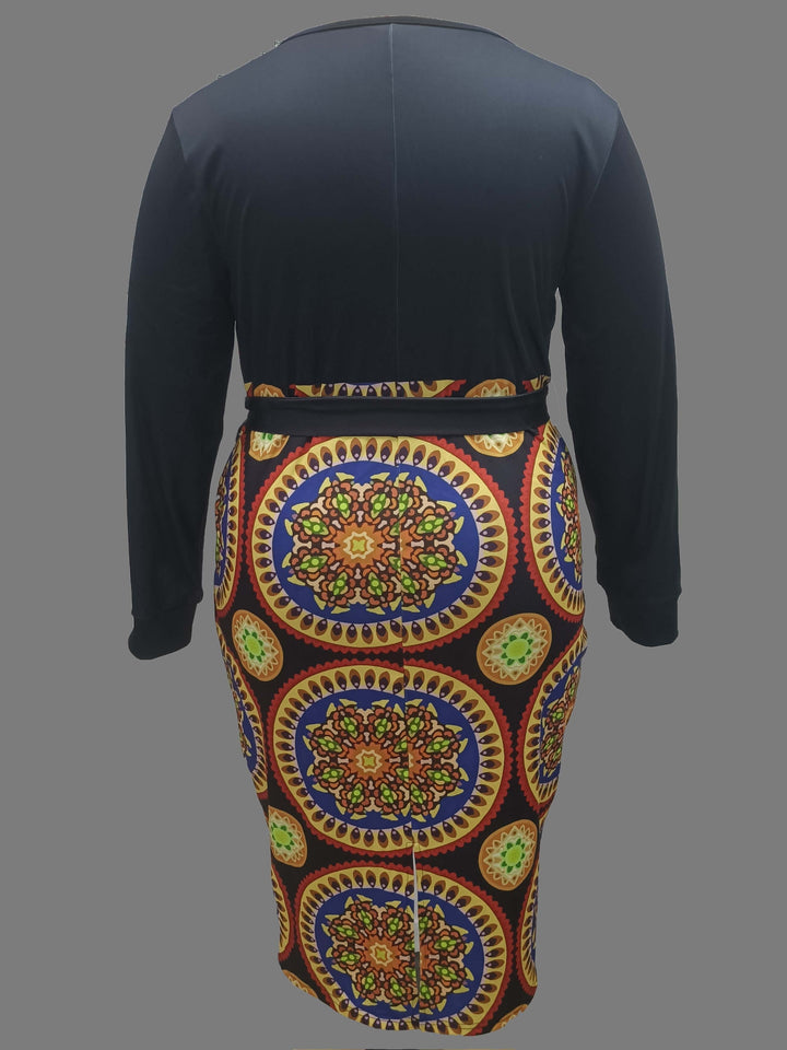 Stylish Plus Size Boho Dress with Colorblock Mandala Print and Belt