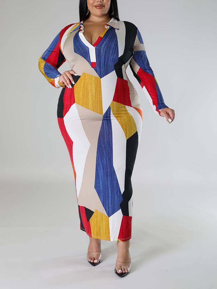 Plus Size Elegant Dress, Women's Plus Geometric Print Long Sleeve V Neck Medium Stretch Bodycon Midi Dress