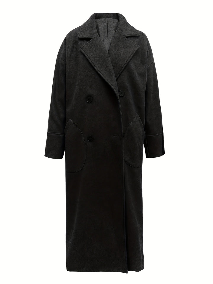 Solid Lapel Coat, Long Length Casual Outwear For Winter & Fall, Women's Clothing