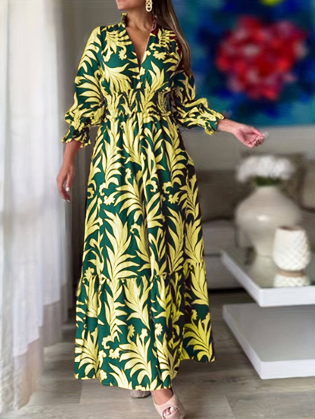 Plus Size Plant Print Dress, Elegant V Neck Shirred Waist Long Sleeve Dress, Women's Plus Size Clothing