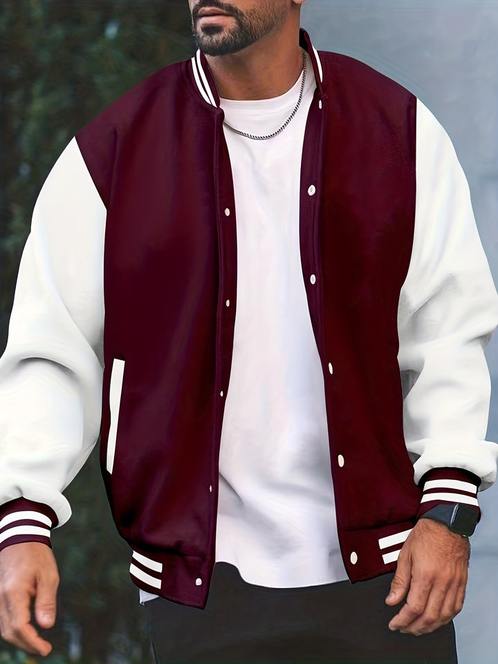 Warm Fleece Varsity Jacket, Men's Casual Color Block Button Up Jacket For Fall Winter School