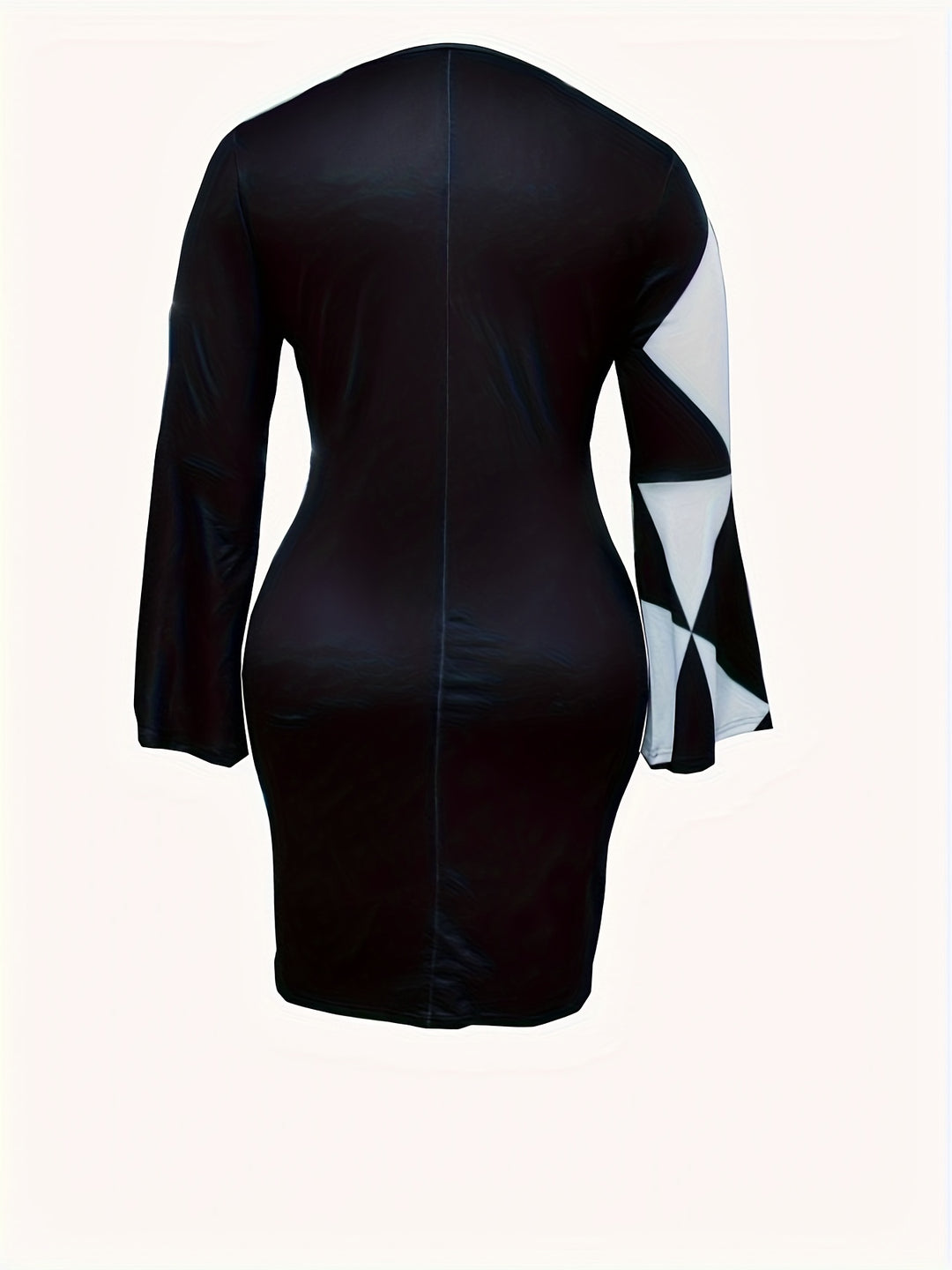 Plus Size Casual Dress, Women's Plus Colorblock Geometric Print Bell Sleeve Round Neck Dress