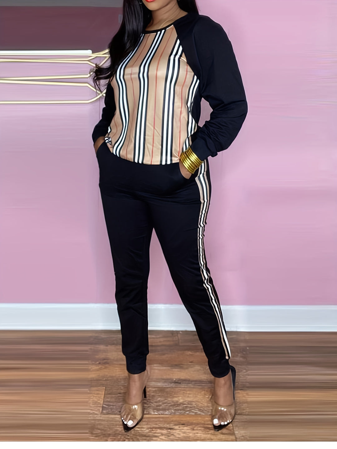 Plus Size Fashionable Outfits Set, Women's Plus Contrast Striped Print Raglan Sleeve Round Neck Top & Joggers Outfits 2 Piece Set