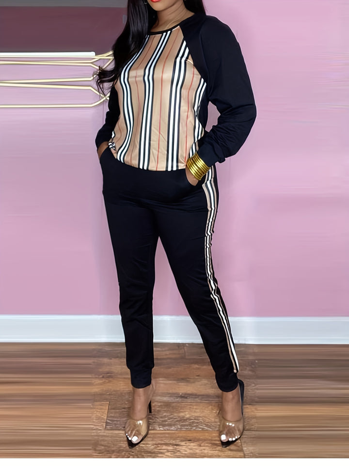 Plus Size Fashionable Outfits Set, Women's Plus Contrast Striped Print Raglan Sleeve Round Neck Top & Joggers Outfits 2 Piece Set