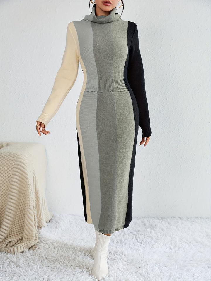 Color Block Rib Knit Dress, Casual High Neck Long Sleeve Midi Dress, Women's Clothing