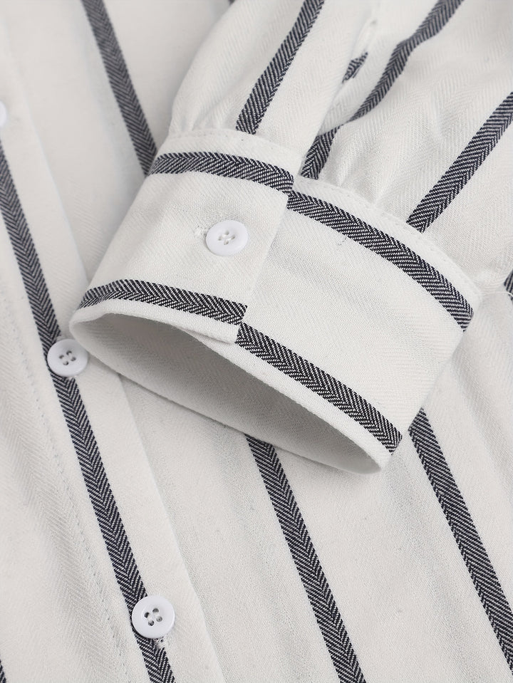 Plus Size Casual Outfits Set, Women's Plus Stripe Print Button Up Long Sleeve Turn Down Collar Blouse & Button Fly Wide Leg Pants Outfits 2 Piece Set