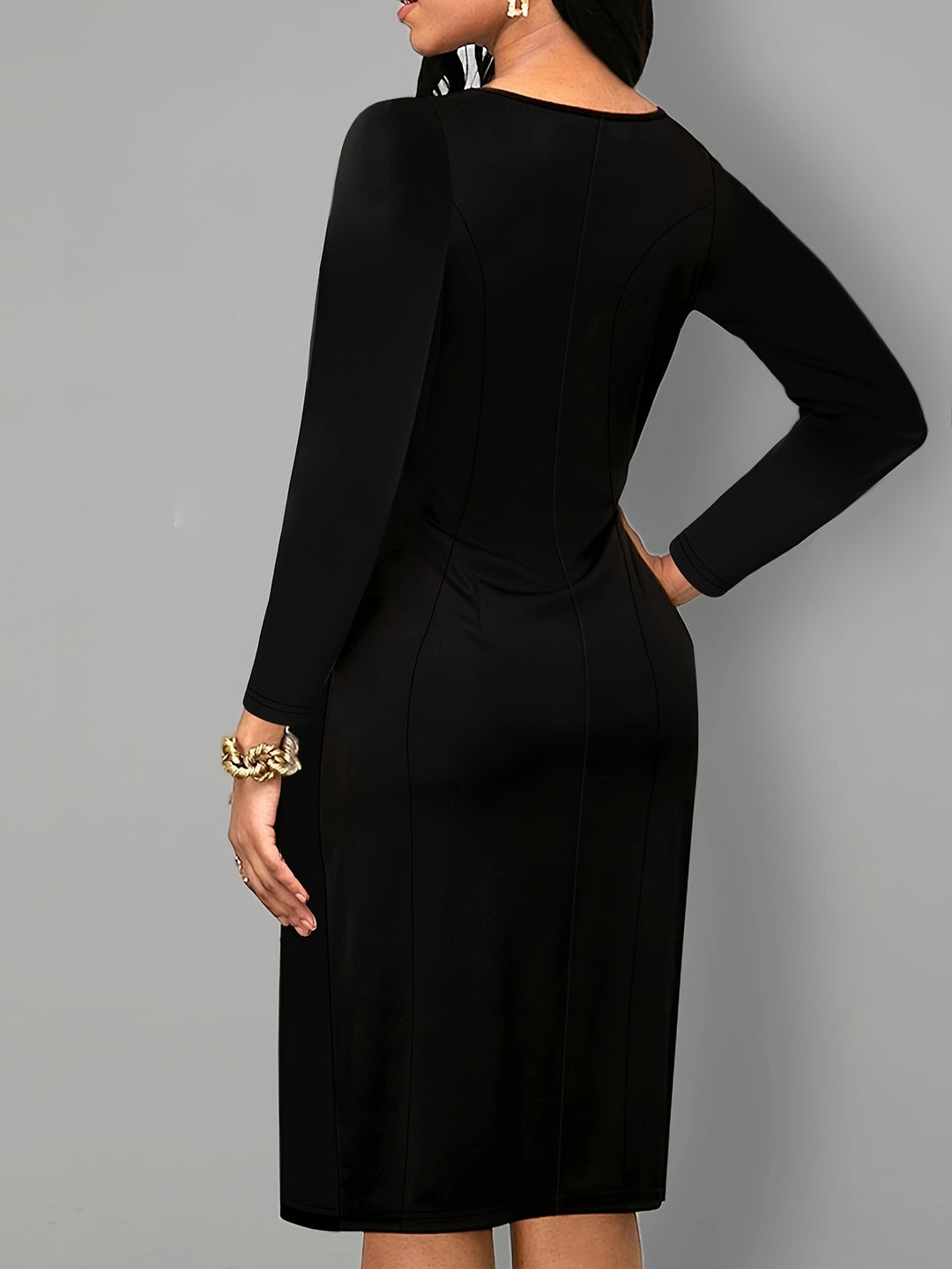Plus Size Solid Color Slim Dress, Elegant Ruched Zipper Front Long Sleeve Dress For Every Day, Women's Clothing