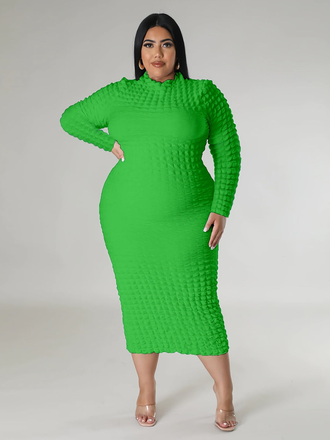 Plus Size Casual Dress, Women's Plus Solid Crinkle Long Sleeve High Neck Slim Fit Midi Dress