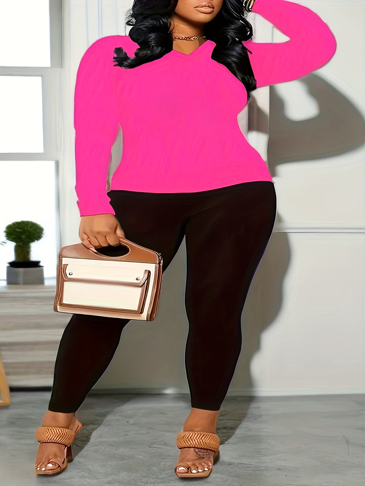 Plus Size Casual Outfits Two Piece Set, Women's Plus Heart & Floral & Letter Print Long Sleeve V Neck Top & Leggings Outfits 2 Piece Set