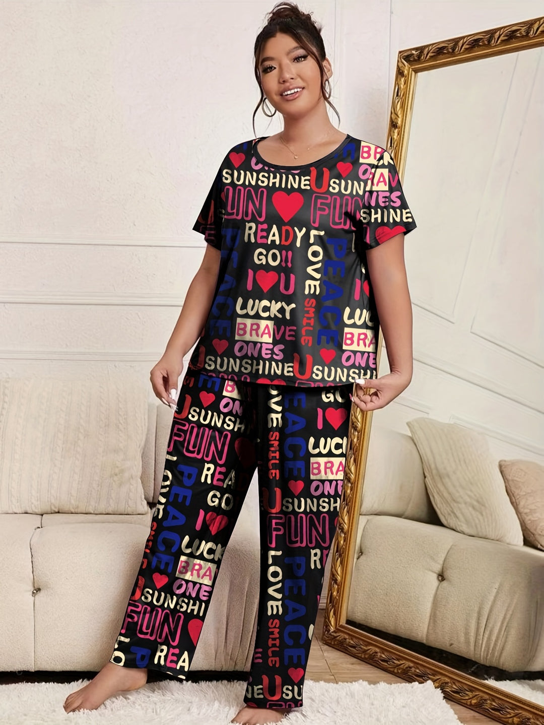 Plus Size Casual Pajama Set, Women's Plus Heart & Letter Print Short Sleeve Round Neck T-shirt & Pants Comfort Pajama Two Piece Set
