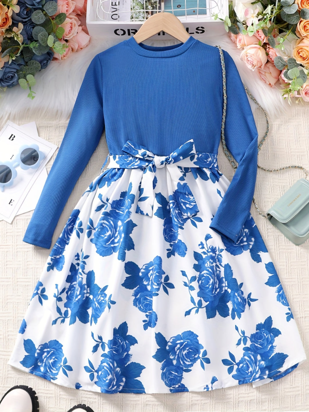 Girls Long Sleeves Round Neck Flowers Splicing Belted Dress For Party Kids Spring Clothes