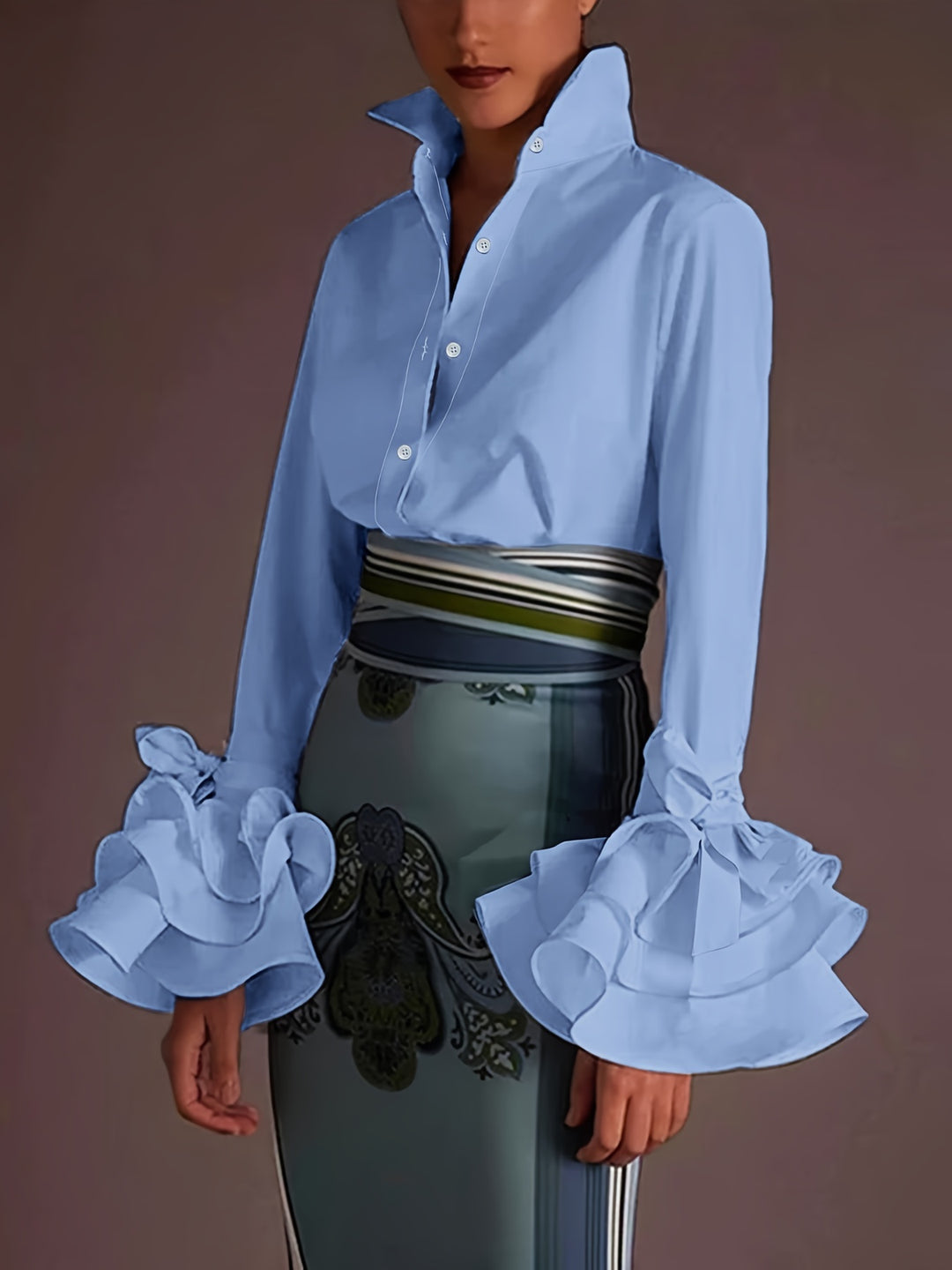 Plus Size Elegant Blouse, Women's Plus Solid Button Up Layered Sleeve Turn Down Collar Blouse