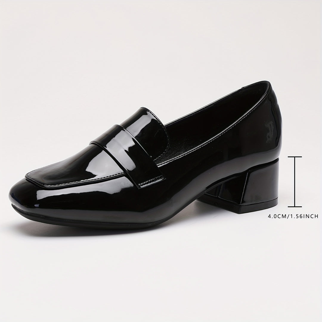 Women's Chunky Heeled Loafers, Solid Color Square Toe Patent Leather Pumps, All-Match Slip On Shoes