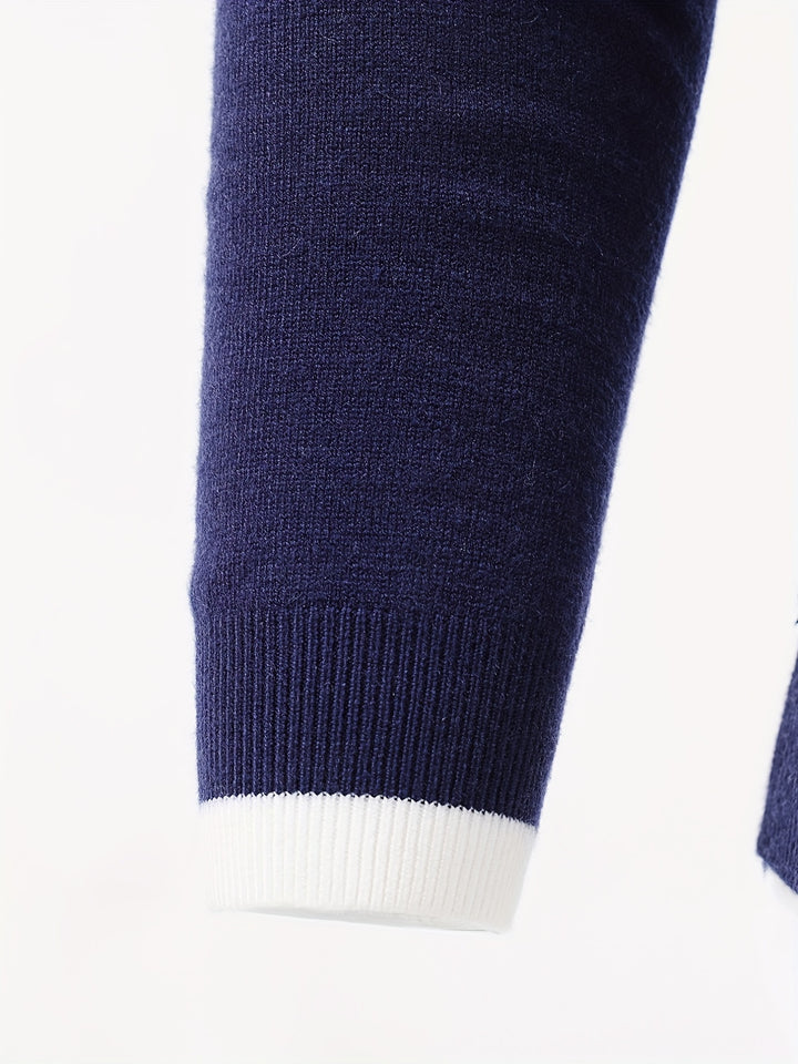 Striped Pattern Chic Knit Shirt, Men's Casual Lapel Slightly Stretch V-Neck Pullover Sweater For Men Winter Fall