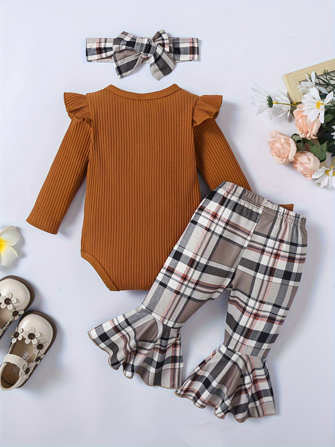 Newborn Baby Girl Outfits Fall Outfits, Infant Pit Striped Triangle Romper + Plaid Flared Pants With Headband Baby Winter Casual Outfits For 0-18 Months Babies
