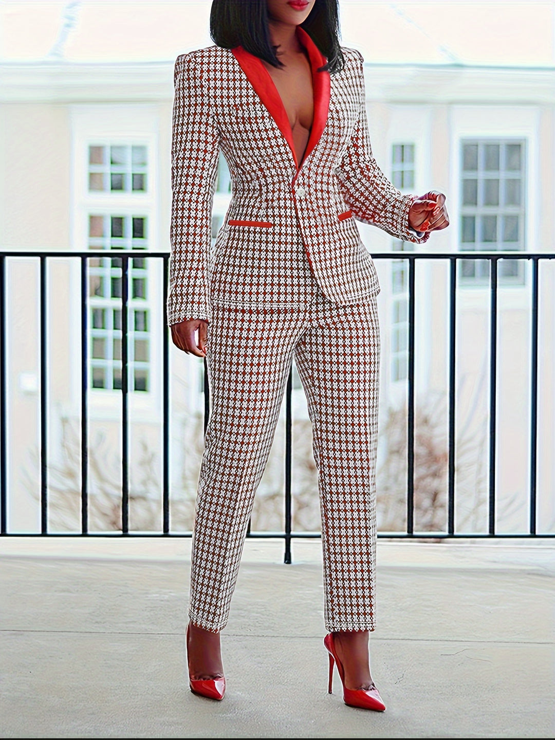 Plaid Print Casual Two-piece Set, One Button Shawl Collar Blazer & Work Wide Leg Pants Outfits, Women's Clothing