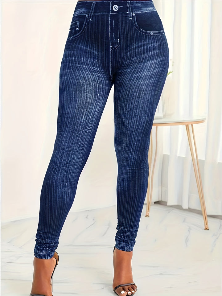 Fake Denim Print Skinny Leggings, Casual High Waist Stretchy Leggings, Women's Clothing