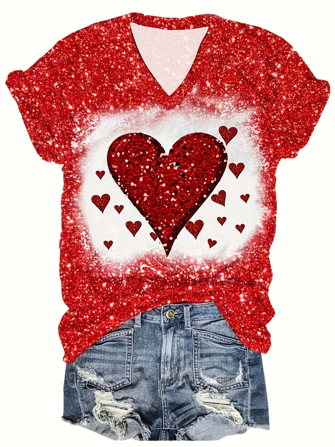 Plus Size Heart Print T-Shirt, Valentine's Day V Neck Short Sleeve T-Shirt, Women's Plus Size Clothing