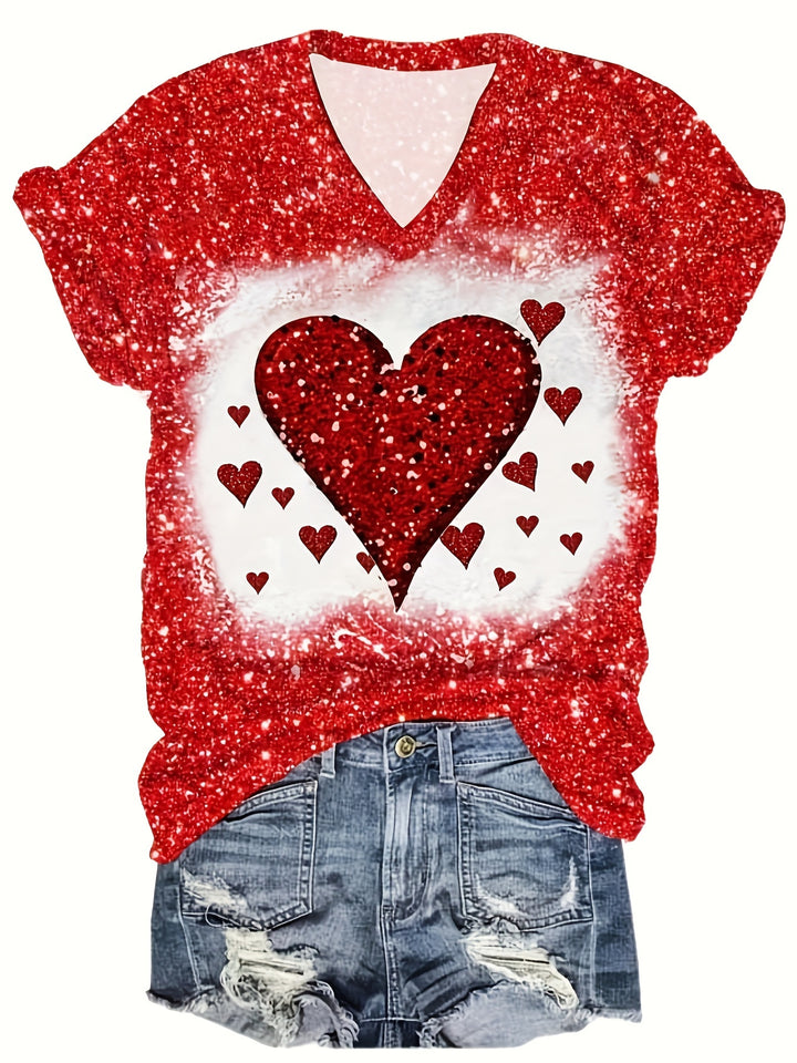 Plus Size Heart Print T-Shirt, Valentine's Day V Neck Short Sleeve T-Shirt, Women's Plus Size Clothing