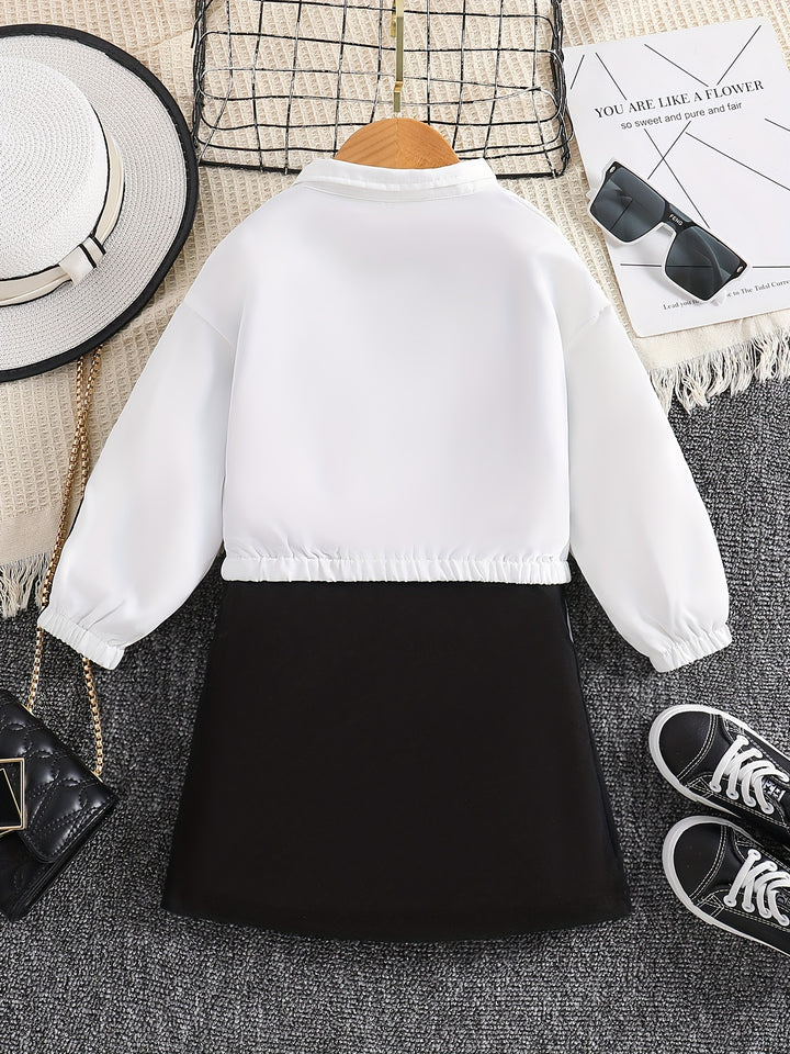 Girl's Sporty Style Outfit 2pcs, Zip Up Jacket & Color Clash Tank Dress Set, Kid's Clothes For Spring Autumn