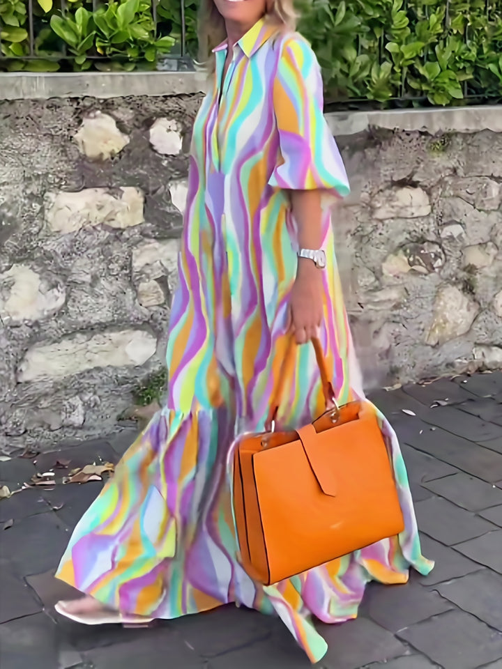 Plus Size Elegant Dress, Women's Plus Colorblock Stripe Print Half Puff Sleeve Button Detail Lapel Collar Smock Pron Maxi Dress