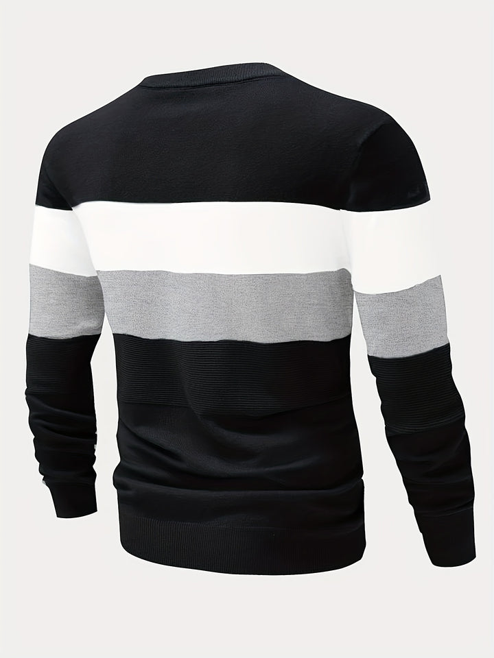 All Match Knitted Color Block Sweater, Men's Casual Warm Slightly Stretch Crew Neck Pullover Sweater For Men Fall Winter