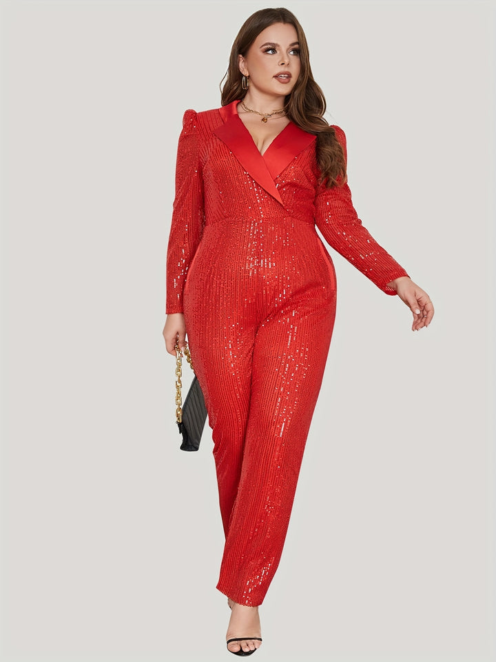 Plus Size Elegant Jumpsuit, Women's Plus Solid Sequin Lantern Sleeve Lapel Collar Jumpsuit