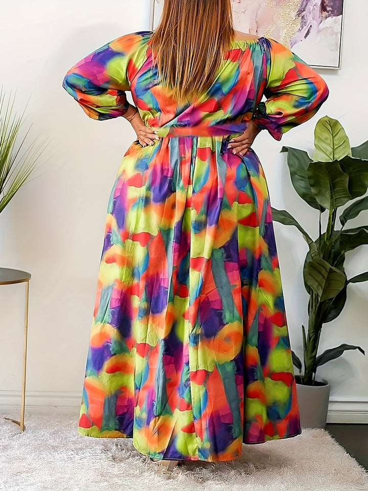 Elegant Plus Size Maxi Dress with Colorblock Print and Lantern Sleeves