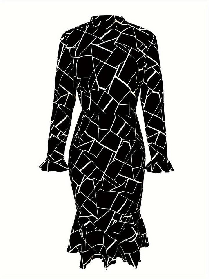 Women's Elegant Dress, Plus Size Geometric Print Bell Sleeve Mock Neck Mermaid Dress