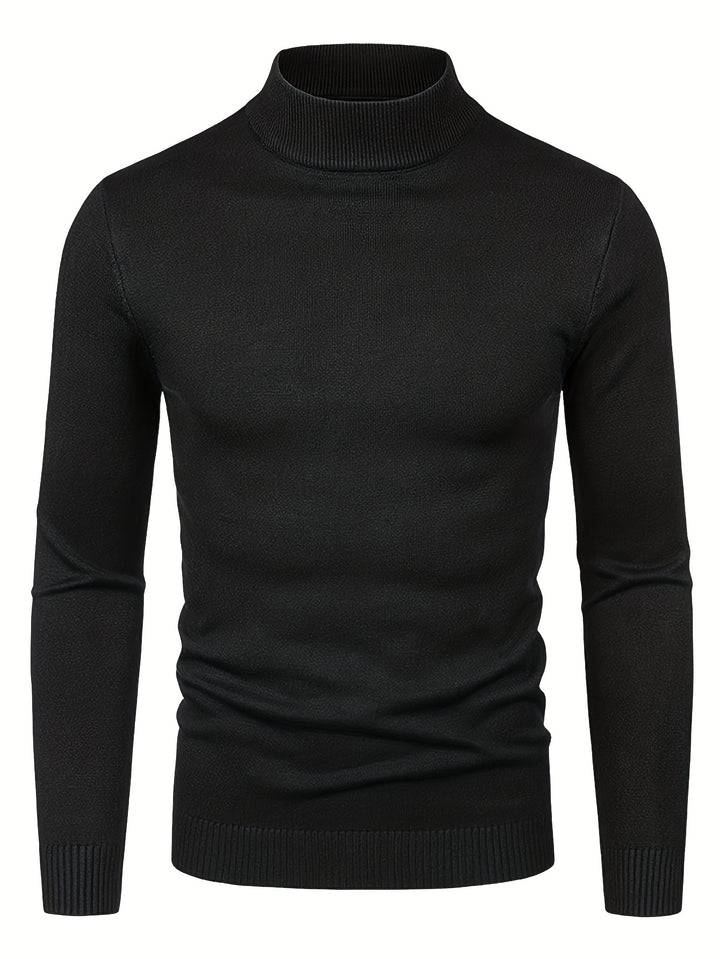 Turtle Neck Knitted Sweater, Men's Casual Warm Solid Mid Stretch Pullover Sweater For Fall Winter