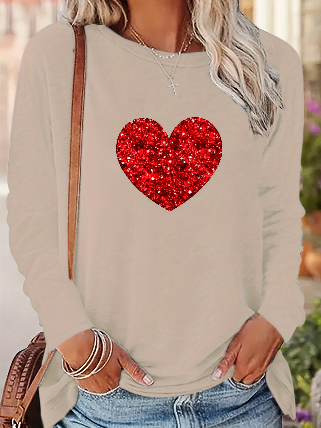 Valentine's Day Graphic Print T-shirt, Long Sleeve Crew Neck Casual Top For Spring & Fall, Women's Clothing