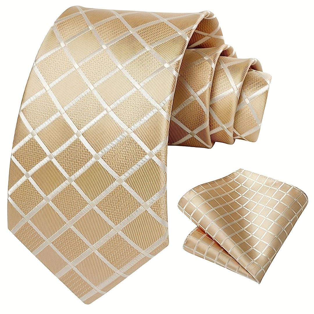 Men's Plaid Tie And Square Towel Set, Suitable For Daily Date Party Holiday Use